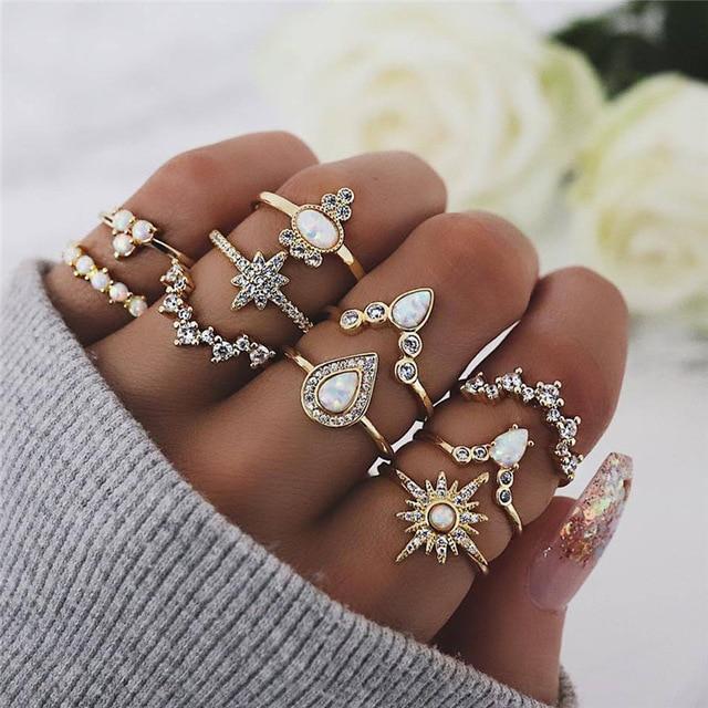 20 Design Vintage Gold Star Moon Rings Set For Women BOHO Opal Crystal Midi Finger Ring 2019 Female Bohemian Jewelry Gifts