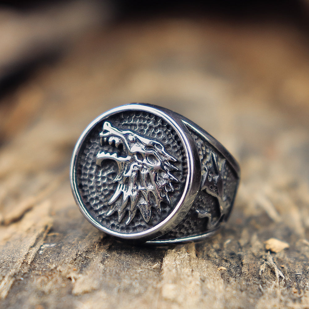 Direwolf Silver Stainless Steel Ring Game of Thrones Stark Ring Mens Vikings Jewelry