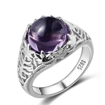 Vintage 100% 925 Sterling Silver Round Natural Amethyst Wedding Engagement Rings For Women Fine Jewelry Size 6-10