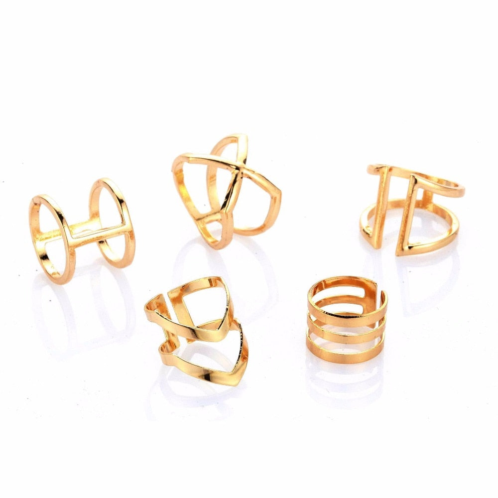 5 Pcs/ Set Classic Gold Colour V Chevron Rings Geometrical Irregular Ring Set Lady Charm Costume Jewelry Accessories Midi Rings
