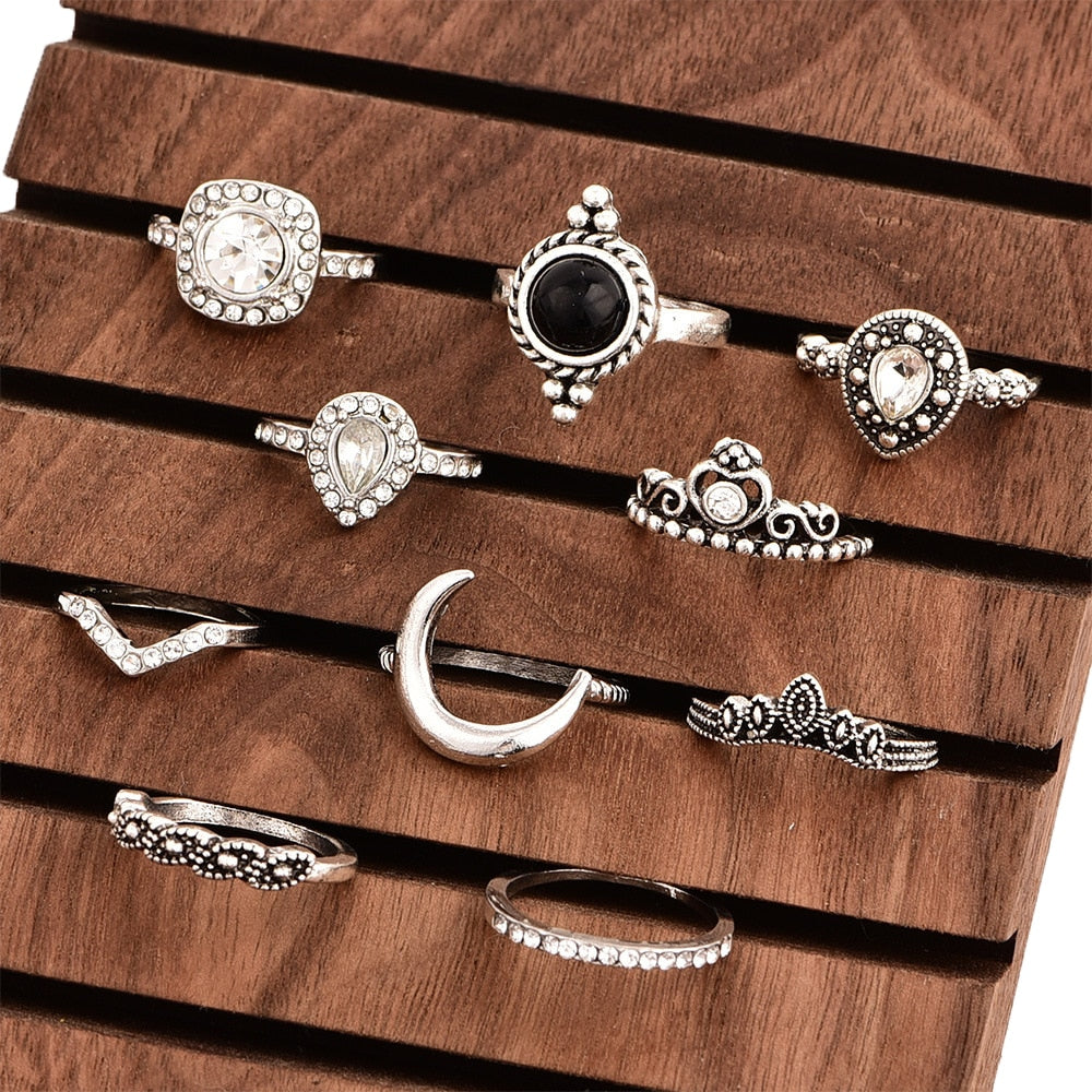 10 Pcs/set Bohemian Retro Gem Crown Crystal Moon Heart Waves Geometric Silver Ring Set Women Party Jewelry Gifts
