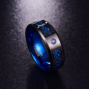 Foreign Trade Carbon Fiber Scrub Blue Zircon Men Rings 100% Tungsten Carbide Anillos para hombres Black Dragon