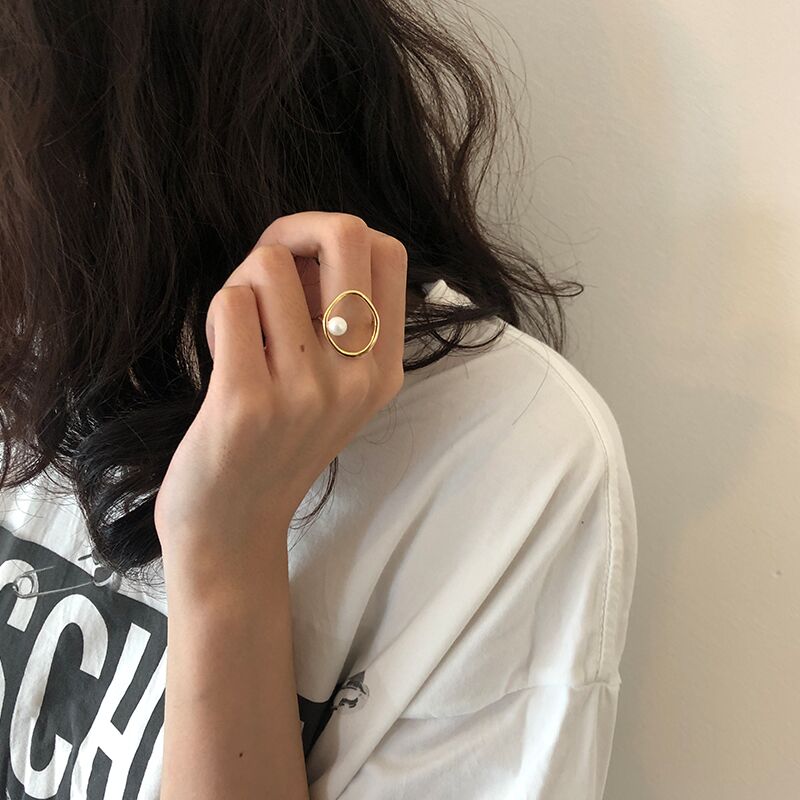 Fashion Girl Gift Metal Ring For Women Jewelry Geometric Round Ring Street Shoot Accessories Imitation Pearl Ring