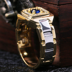 Party Men Rings Creative Watch Shaped Two Tone Design Wholesale Blue Stone Setting Rings With Size 6-10 Male Jewelry