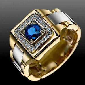 Party Men Rings Creative Watch Shaped Two Tone Design Wholesale Blue Stone Setting Rings With Size 6-10 Male Jewelry