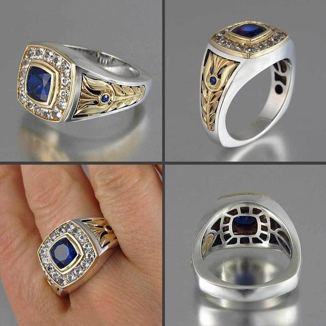 Party Men Rings Creative Watch Shaped Two Tone Design Wholesale Blue Stone Setting Rings With Size 6-10 Male Jewelry