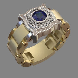 Party Men Rings Creative Watch Shaped Two Tone Design Wholesale Blue Stone Setting Rings With Size 6-10 Male Jewelry