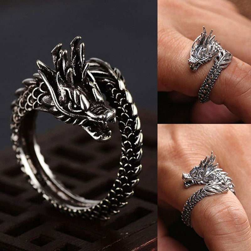 Adjustable Vintage Punk Dragon Ring Men Chunky Copper Alloy Biker Rock Rap Embrace Skeleton Head Ring Gothic Jewelry