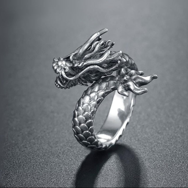 Adjustable Vintage Punk Dragon Ring Men Chunky Copper Alloy Biker Rock Rap Embrace Skeleton Head Ring Gothic Jewelry