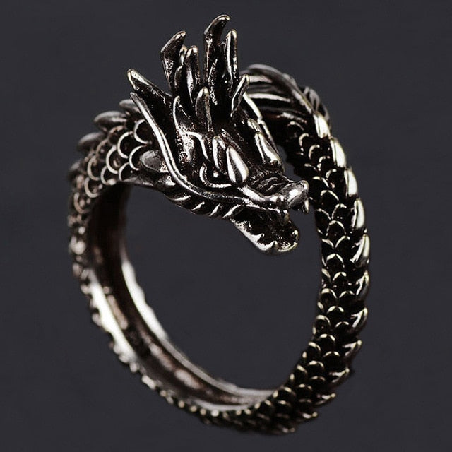 Adjustable Vintage Punk Dragon Ring Men Chunky Copper Alloy Biker Rock Rap Embrace Skeleton Head Ring Gothic Jewelry