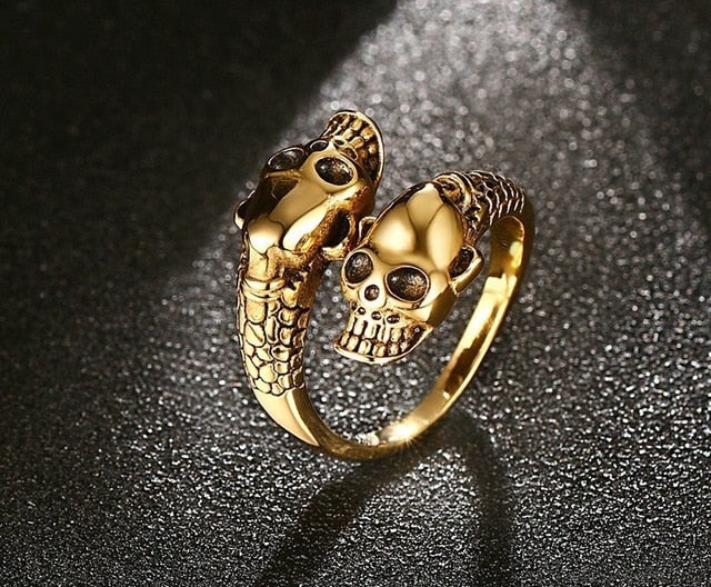 Adjustable Vintage Punk Dragon Ring Men Chunky Copper Alloy Biker Rock Rap Embrace Skeleton Head Ring Gothic Jewelry