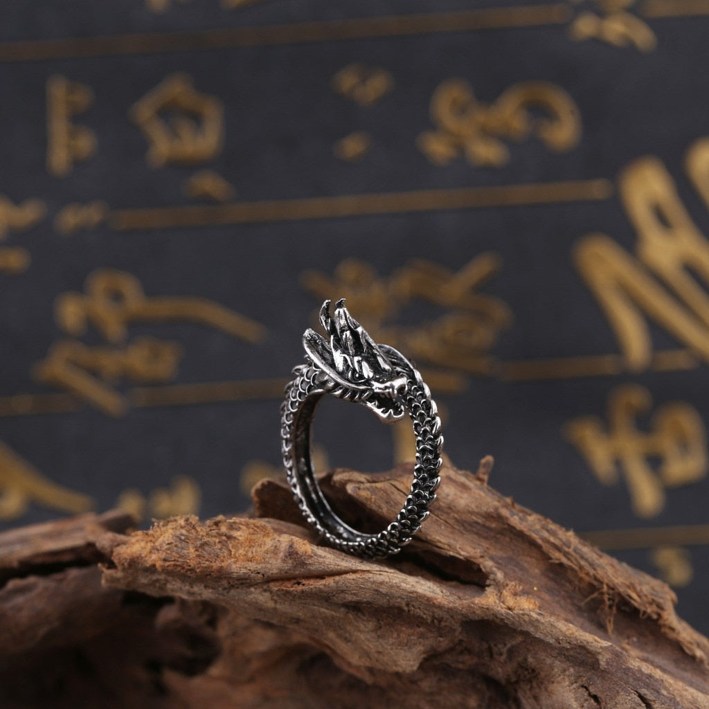 Adjustable Vintage Punk Dragon Ring Men Chunky Copper Alloy Biker Rock Rap Embrace Skeleton Head Ring Gothic Jewelry