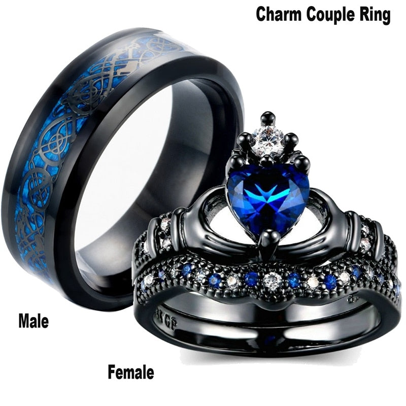 Charm Couple Ring Stainless Steel Black Men's Ring Blue Zircon Women's Ring Sets Valentine's Day Wedding Bands