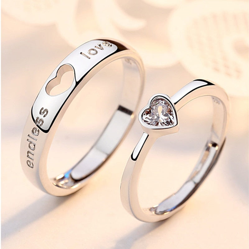 Love Heart Zircon Adjustable Ring Hollow Endless Love Lovers Couples Rings for Women Men Engagement Wedding Jewelry Gifts