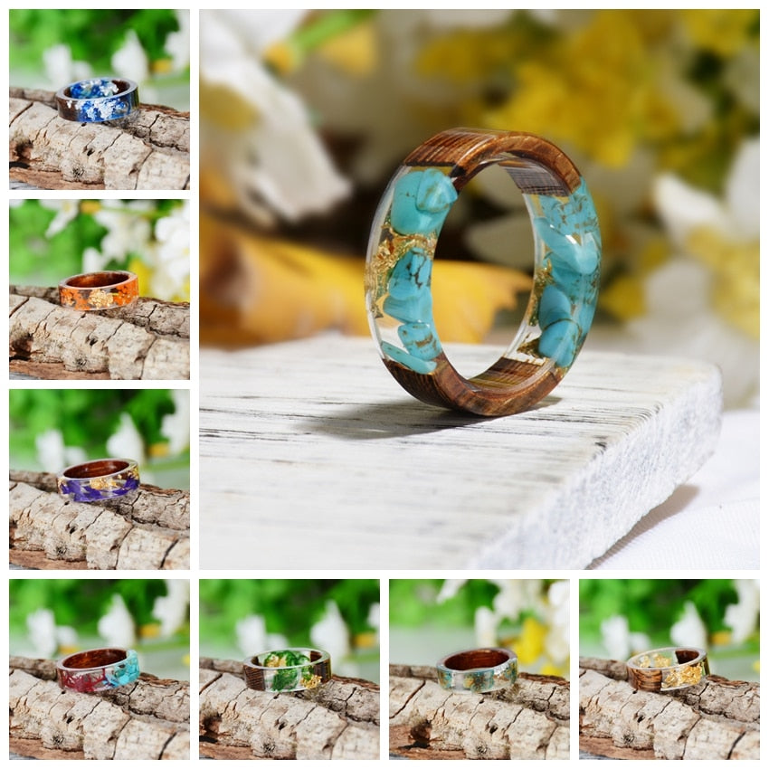 2019 Hot Sale Handmade Wood Resin Ring Dried Flowers Plants Inside Jewelry Resin Ring Transparent Anniversary Ring for Women