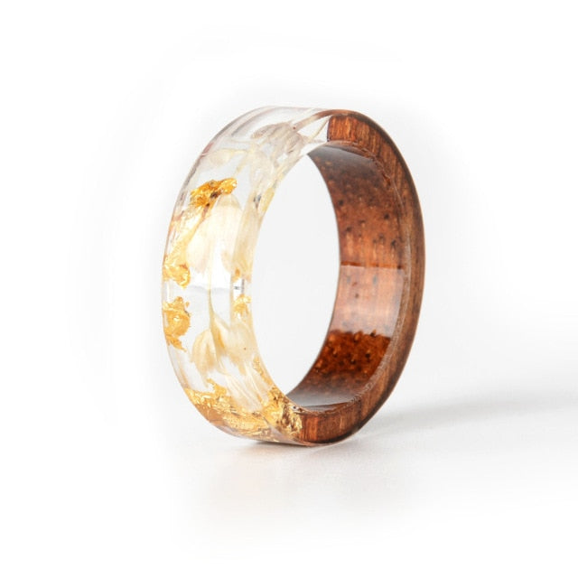 2019 Hot Sale Handmade Wood Resin Ring Dried Flowers Plants Inside Jewelry Resin Ring Transparent Anniversary Ring for Women