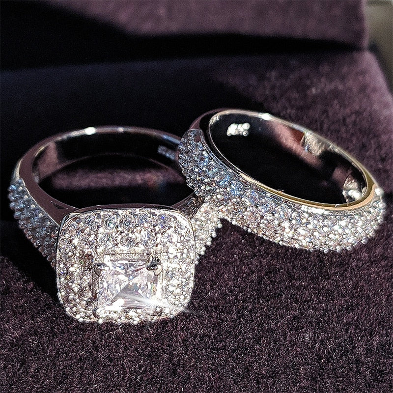 trendy Luxury 925 Sterling Silver Wedding Ring Set band for bridal girls and Women ladys love couple pair jewelry R3400
