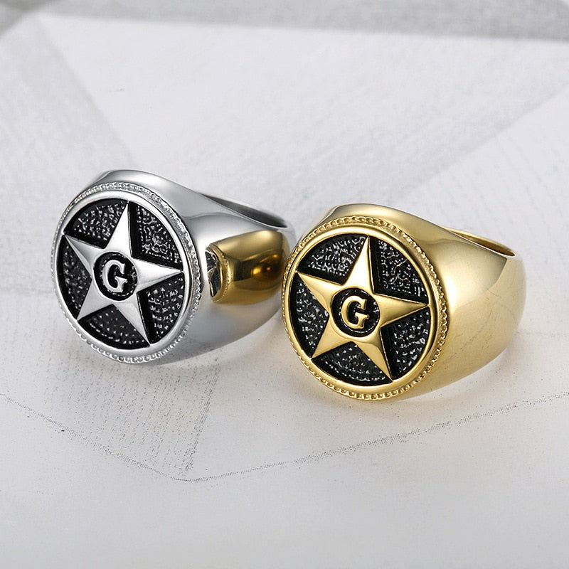 Masonic Stainless Steel Pentagra Rings For Men Freemasonry Gold Color Titanium Ring Male Personality Fashion Jewelry Accessories