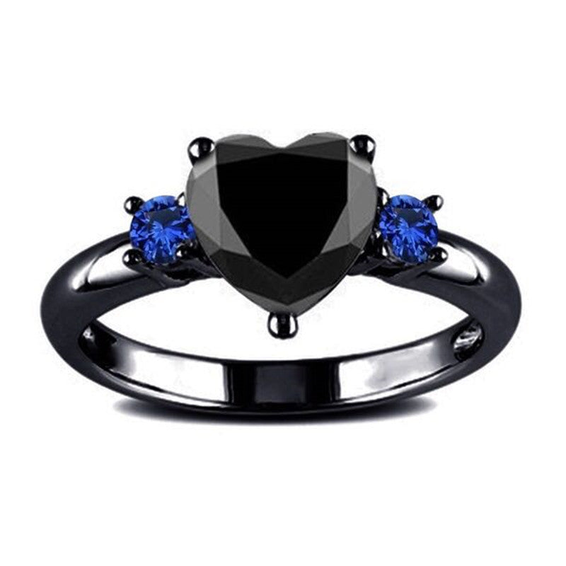 New Trendy Black Gun Color Love Heart Charm Finger Ring For Women Blue Black Crystal Wedding Ring Valentine's Day Gift