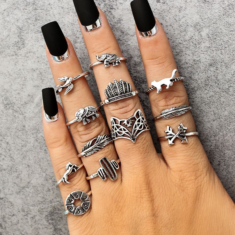 12pcs/Set Bohemia Antique Silver Arrow Elephant Fox Lion Pony Pattern Carved Animal Rings Sets for Women Jewelry 4676