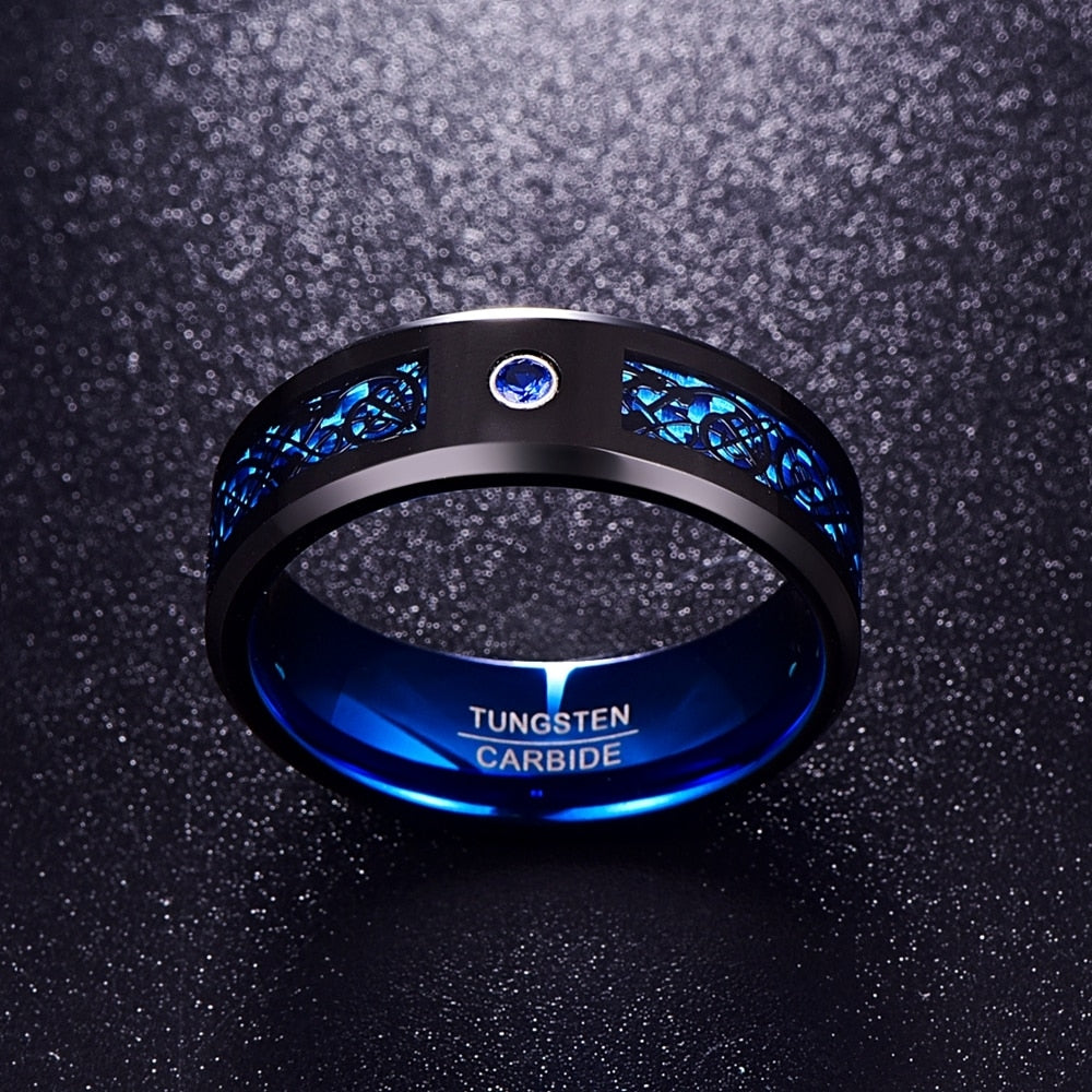 Foreign Trade Carbon Fiber Scrub Blue Zircon Men Rings 100% Tungsten Carbide Anillos para hombres Black Dragon