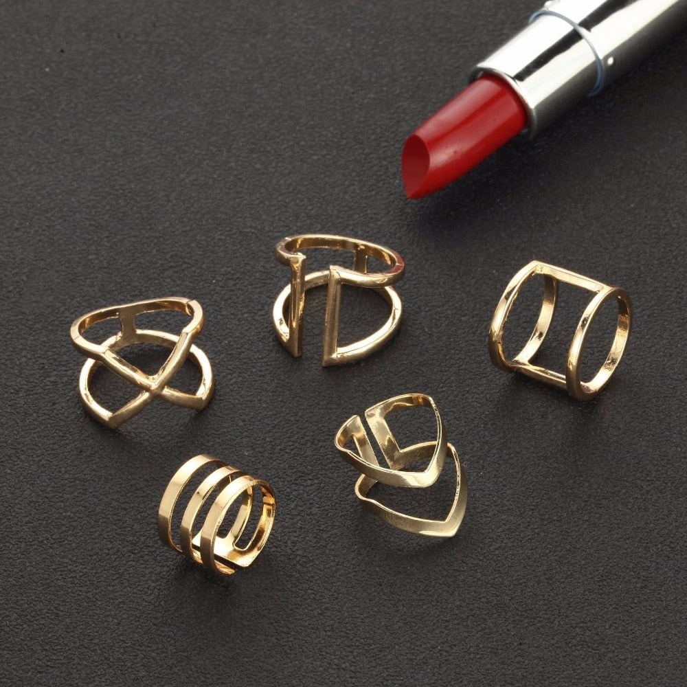 5 Pcs/ Set Classic Gold Colour V Chevron Rings Geometrical Irregular Ring Set Lady Charm Costume Jewelry Accessories Midi Rings
