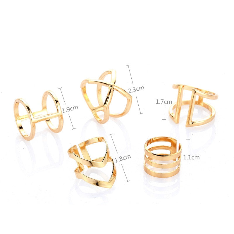 5 Pcs/ Set Classic Gold Colour V Chevron Rings Geometrical Irregular Ring Set Lady Charm Costume Jewelry Accessories Midi Rings