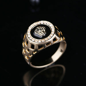 Hot Design Gold Color Avatar Dripping Oil Men's Ring Hollow Lion Head Rhinestone Ring Titanium Stainless Steel Men Rings