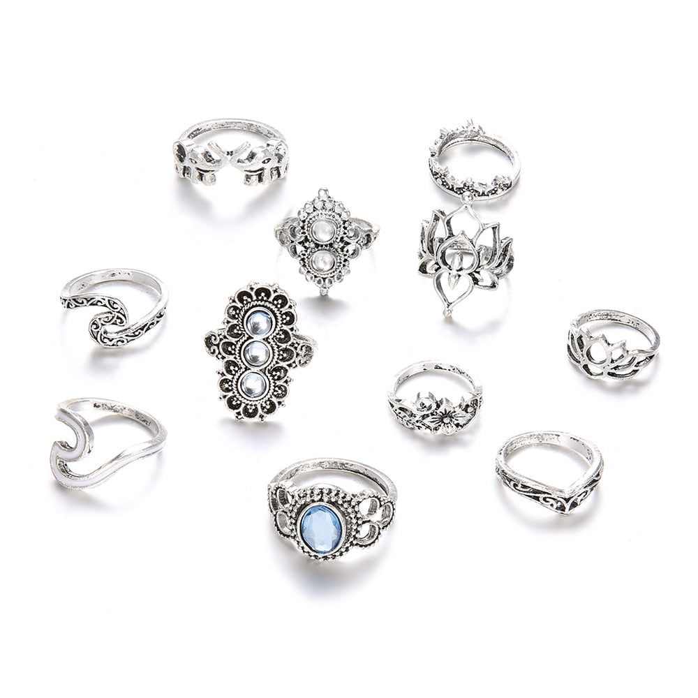 11 Pcs/set Bohemian Beach Retro Elephant Hollow Lotus Wave Gems Geometry Crystal Ring Set Women Charm Jewelry Accessories