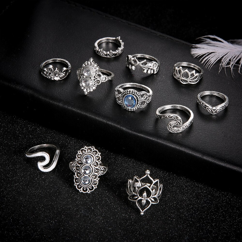 11 Pcs/set Bohemian Beach Retro Elephant Hollow Lotus Wave Gems Geometry Crystal Ring Set Women Charm Jewelry Accessories