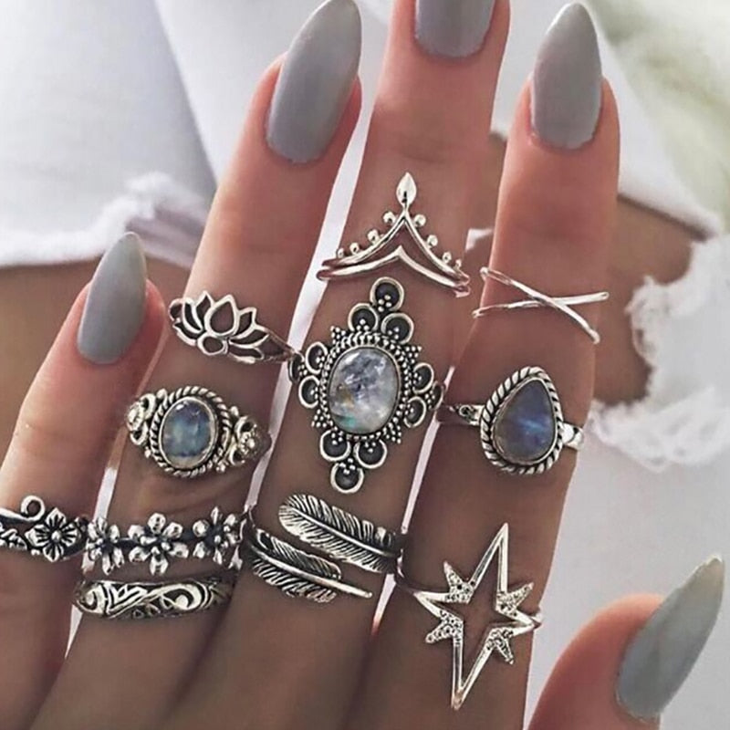 11 Pcs/set Women Boho Carving Flowers Leaves Water Drop Stars Crystals Gem Joint Ring Lady Party Silver Wedding Ring