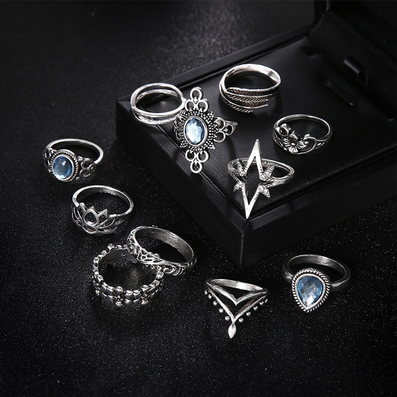 11 Pcs/set Women Boho Carving Flowers Leaves Water Drop Stars Crystals Gem Joint Ring Lady Party Silver Wedding Ring
