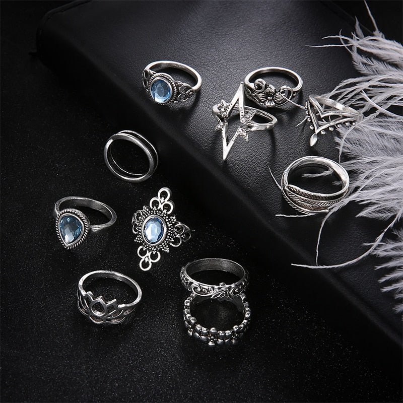 11 Pcs/set Women Boho Carving Flowers Leaves Water Drop Stars Crystals Gem Joint Ring Lady Party Silver Wedding Ring
