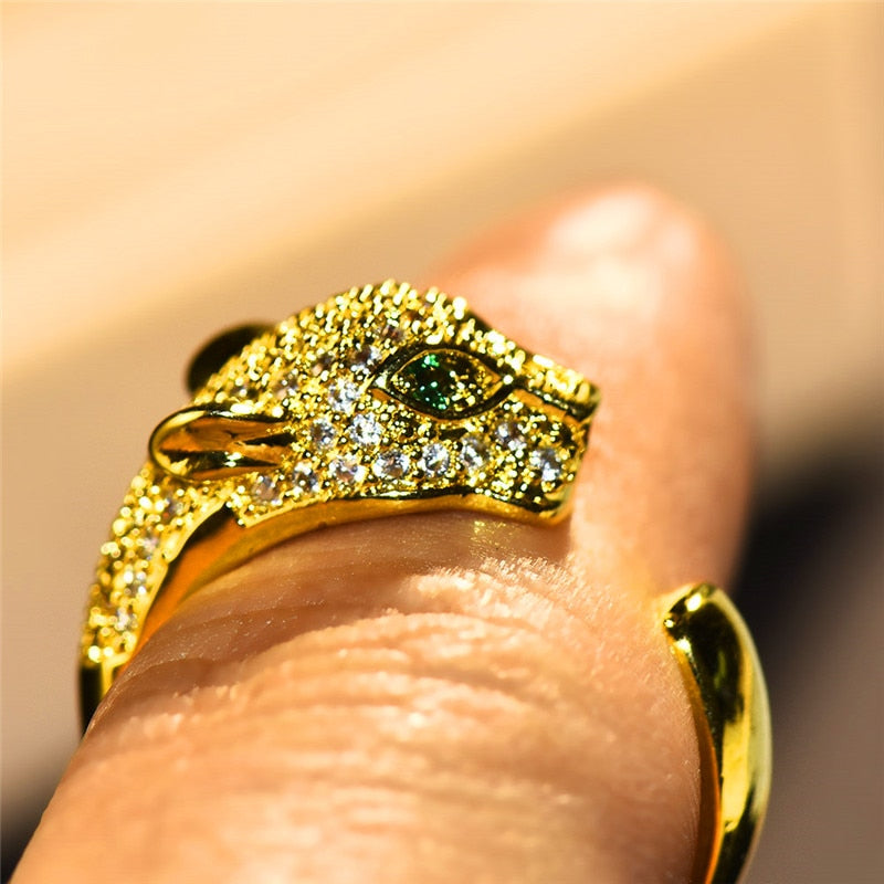 European Style Female Leopard Animal Ring Luxury Yellow Gold Open Wedding Rings Promise Adjustable Engagement Rings For Women