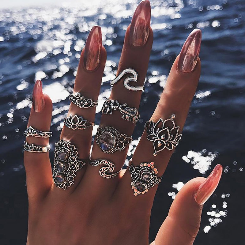11 Pcs/set Bohemian Beach Retro Elephant Hollow Lotus Wave Gems Geometry Crystal Ring Set Women Charm Jewelry Accessories