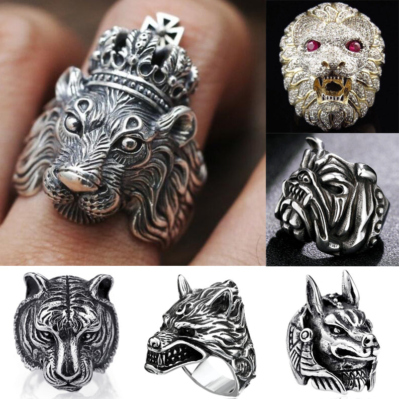 Gothic Punk Ring For Men Retro  Male Ring Stainless Steel Exaggeration Ferocious Animal Wolf Lion Tiger Bulldog Exquisite